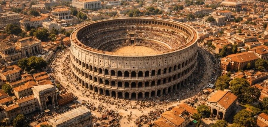Aerial view of the Rome Colosseum surrounded by the city