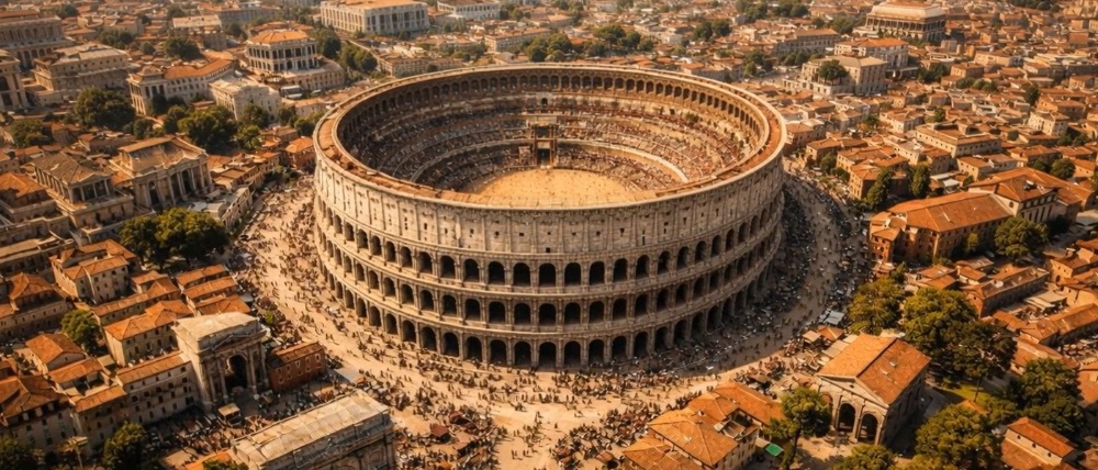 Aerial view of the Rome Colosseum surrounded by the city