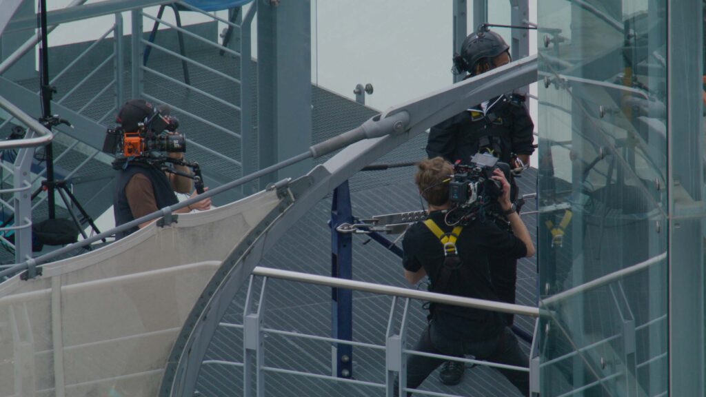 O2 Roof Film Crew Camera crew filming on the O2 Arena roof walkway