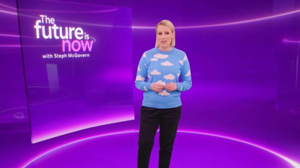 Steph McGovern Hosting Steph McGovern hosting The Future is Now in a purple virtual studio