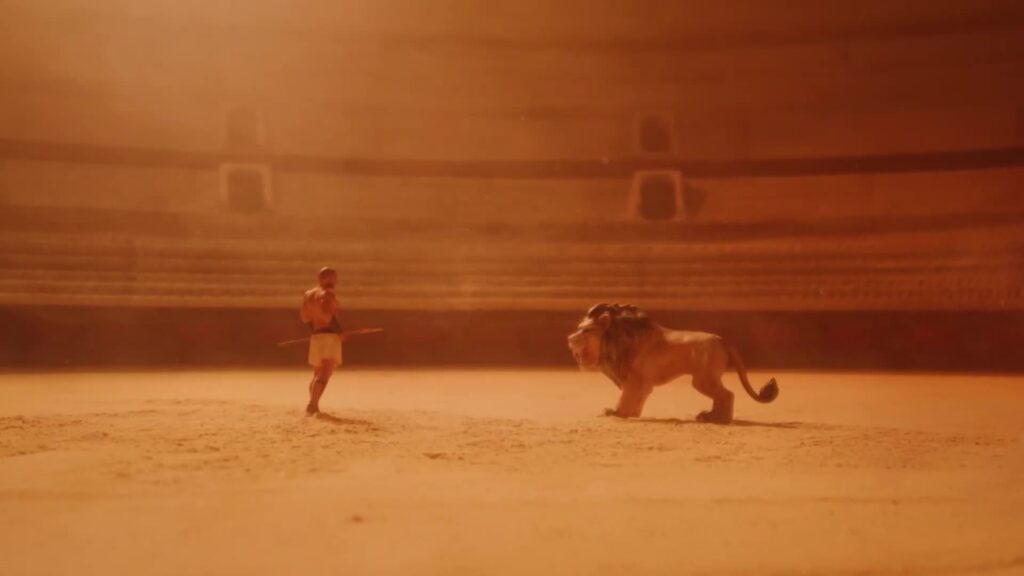 Gladiator Meets Lion Gladiator and lion facing off in Roman arena scene