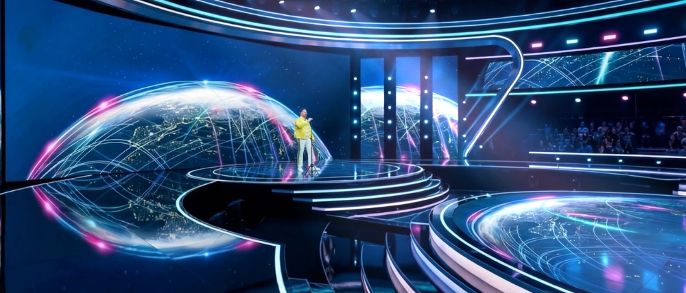 Glowing TV Show Stage Performer on futuristic glowing TV show stage set