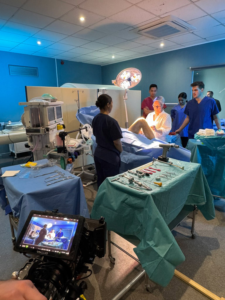 Operating Theatre Film Set Film crew shooting a medical operating theatre scene